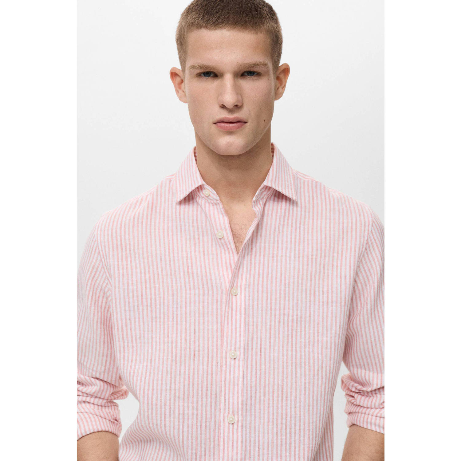 Mango Man linnen casual overhemd lichtroze