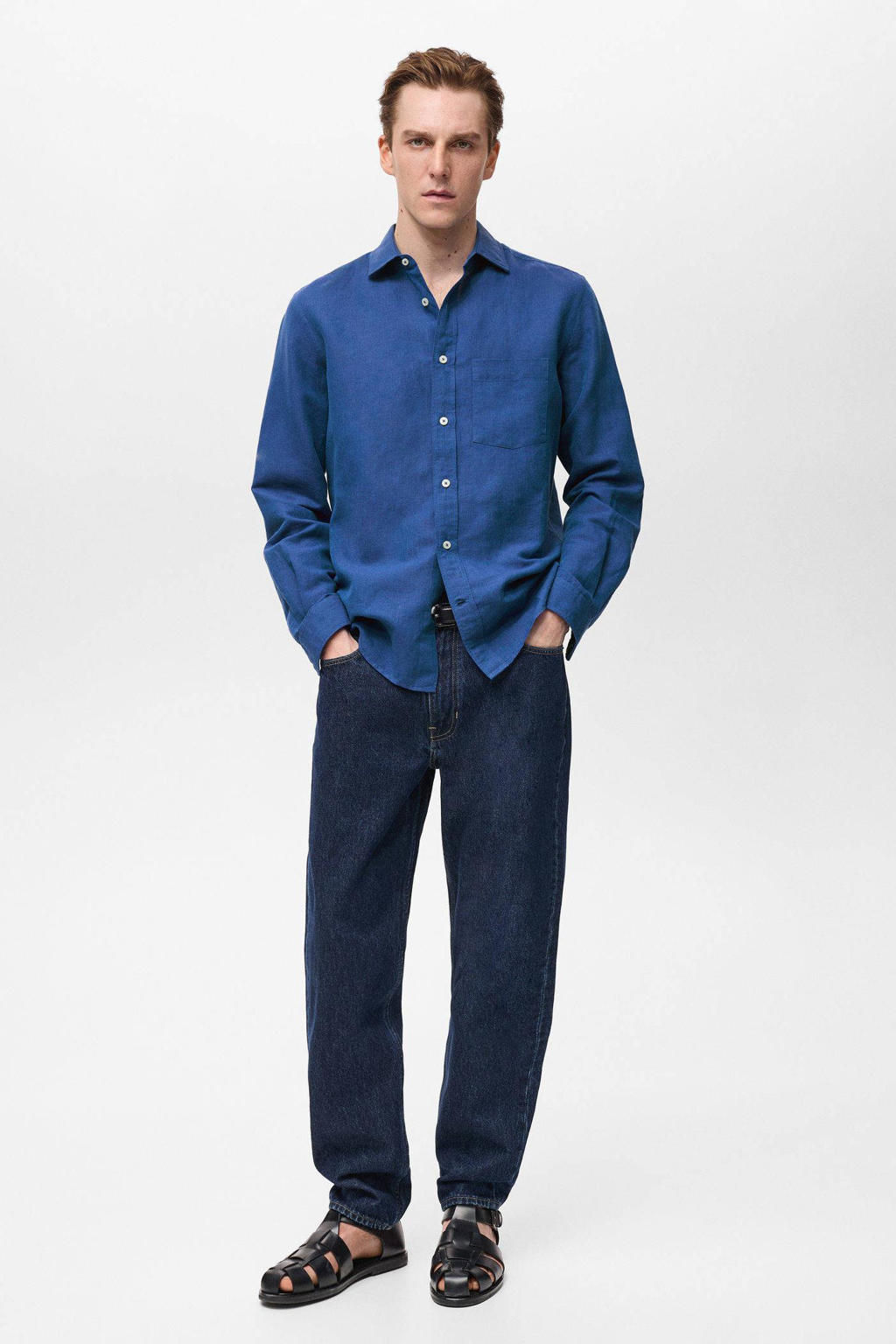 Blauwe heren Mango Man linnen casual overhemd met effen, lange mouwen, klassieke kraag en knoopsluiting