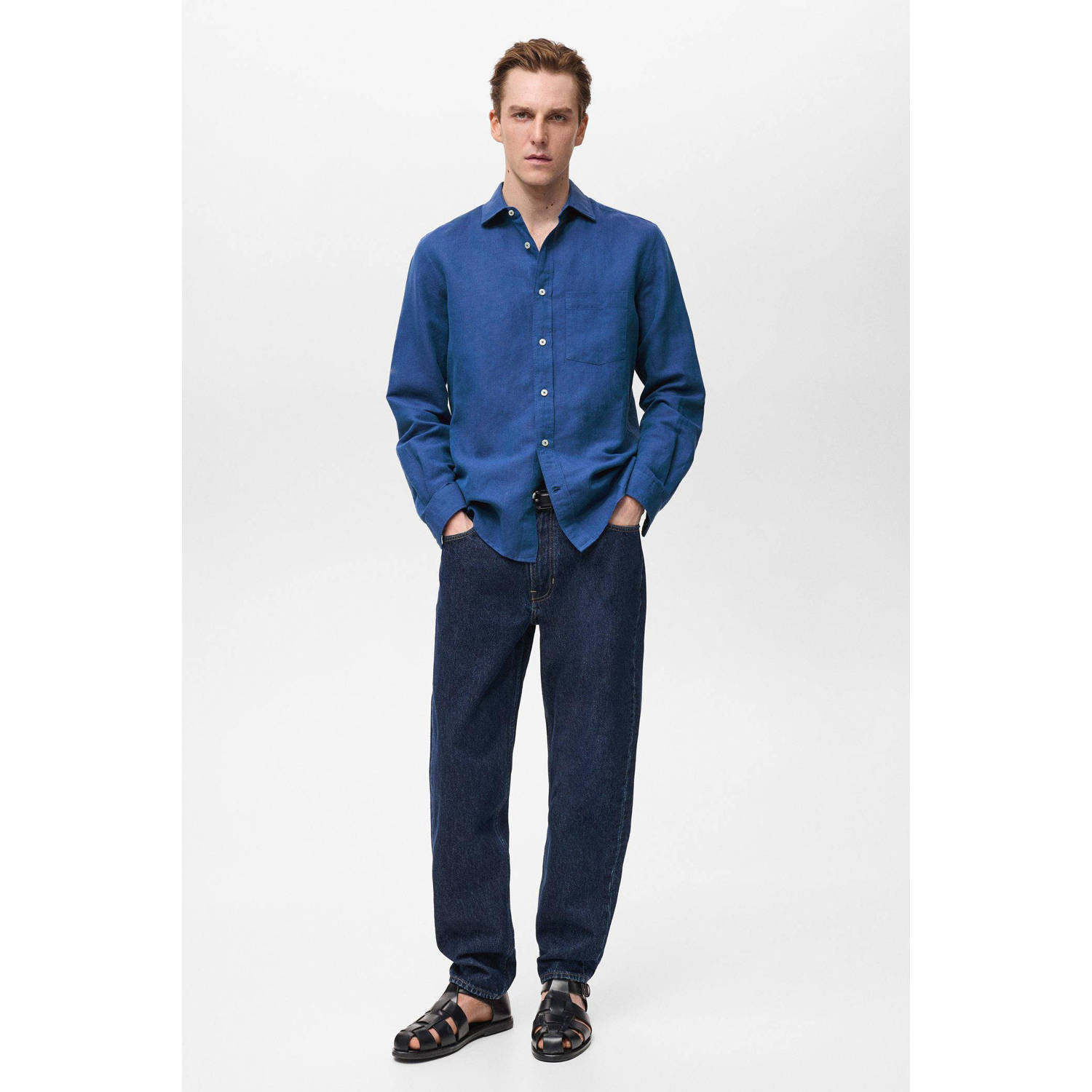 Mango Man linnen casual overhemd blauw