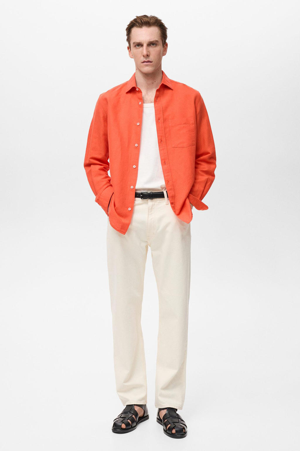 Oranje heren Mango Man linnen casual overhemd met effen, lange mouwen, klassieke kraag en knoopsluiting