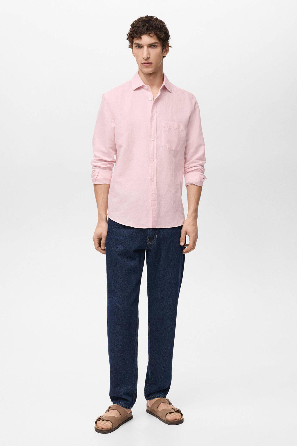 Lichtroze heren Mango Man linnen casual overhemd met effen, lange mouwen, klassieke kraag en knoopsluiting