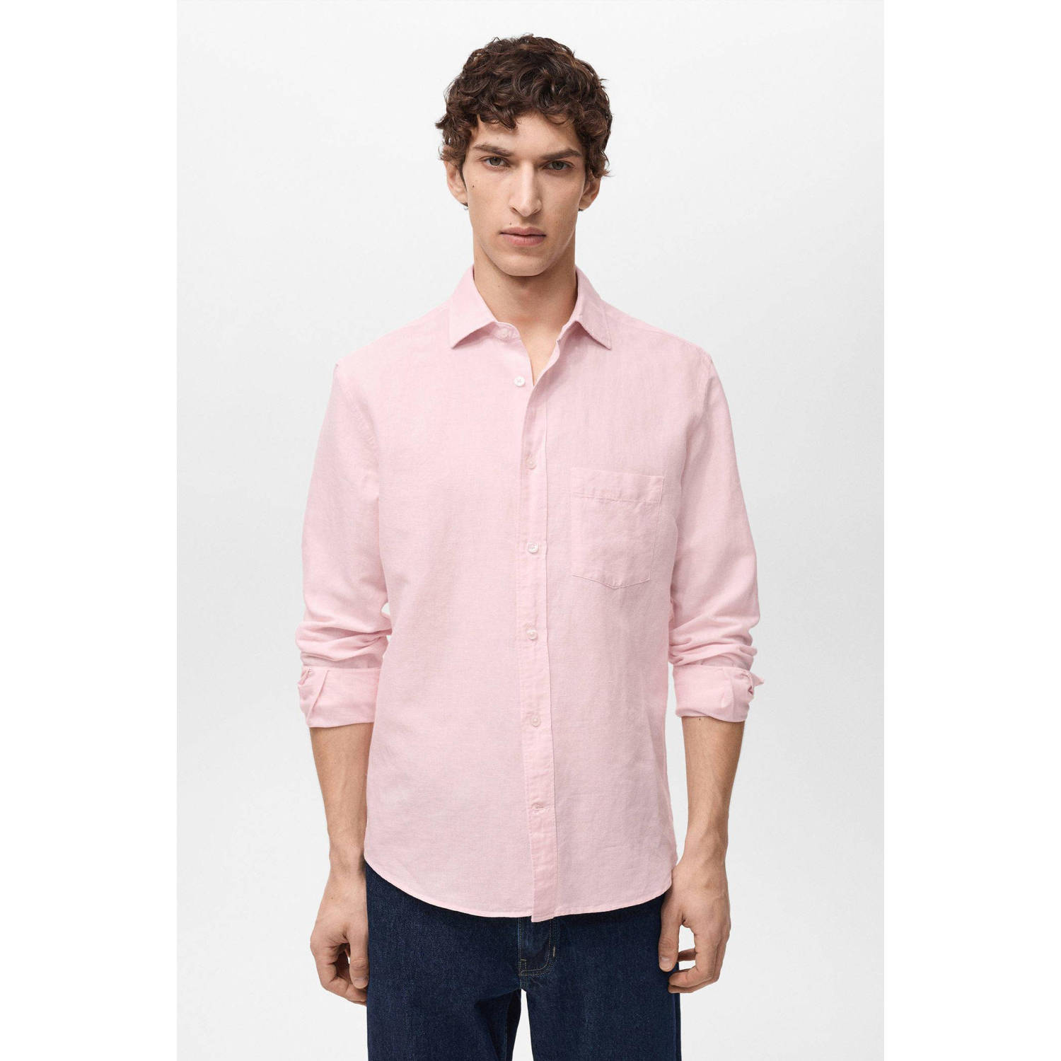 Mango Man linnen casual overhemd lichtroze