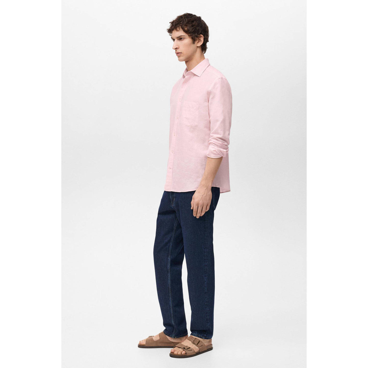 Mango Man linnen casual overhemd lichtroze