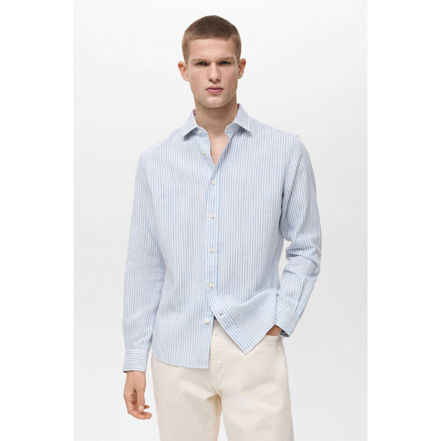 Mango Man linnen casual overhemd lichtblauw