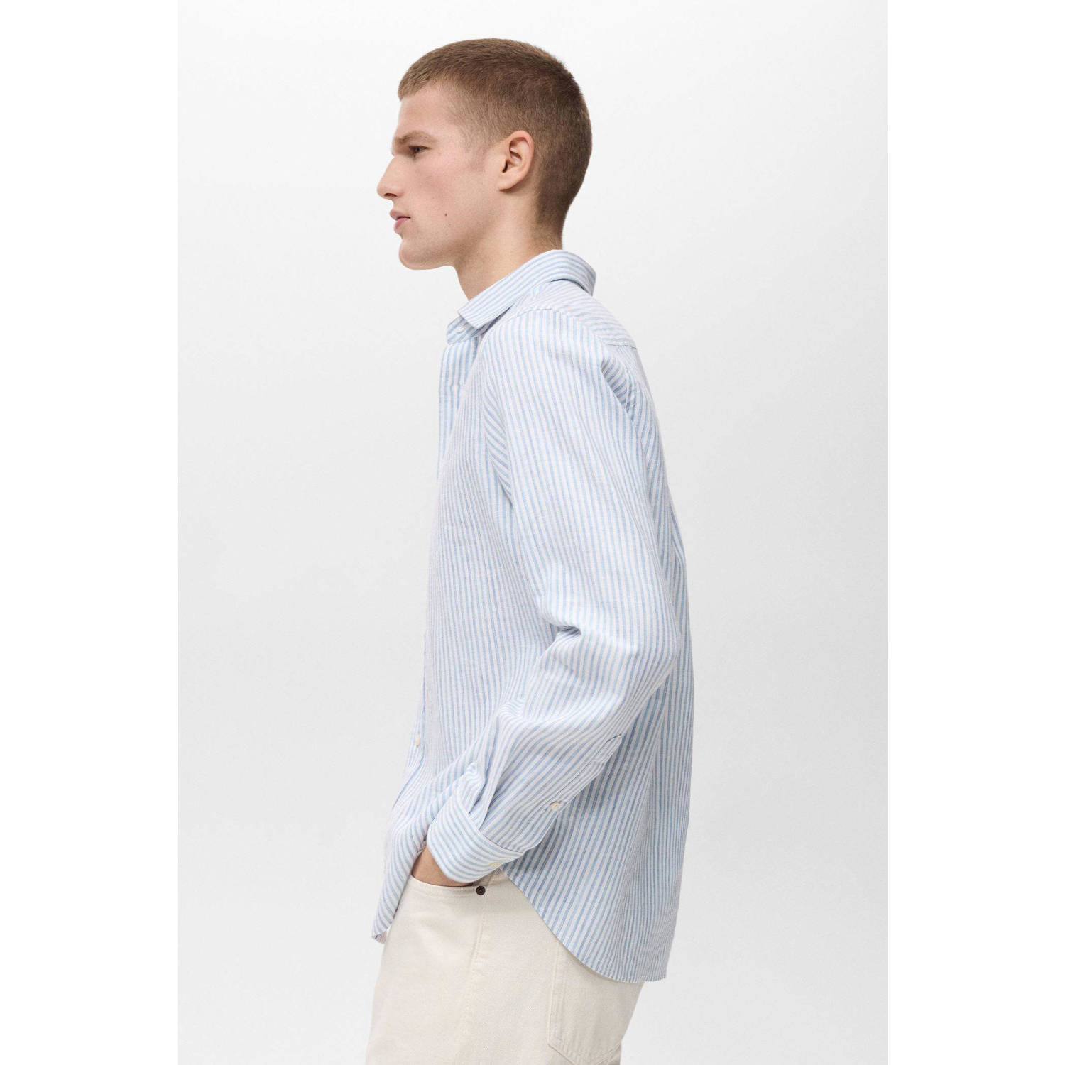 Mango Man linnen casual overhemd lichtblauw