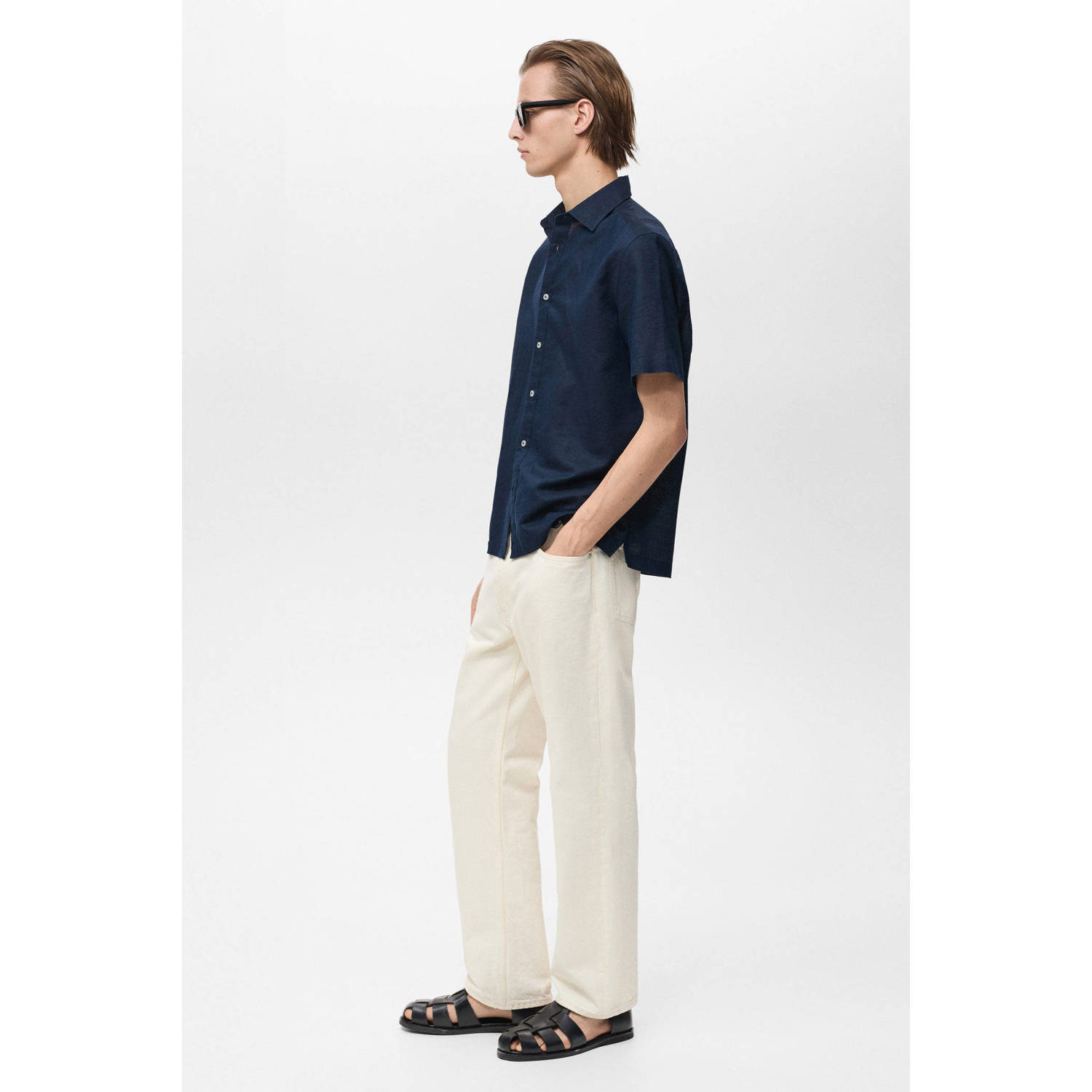 Mango Man linnen casual overhemd donkerblauw