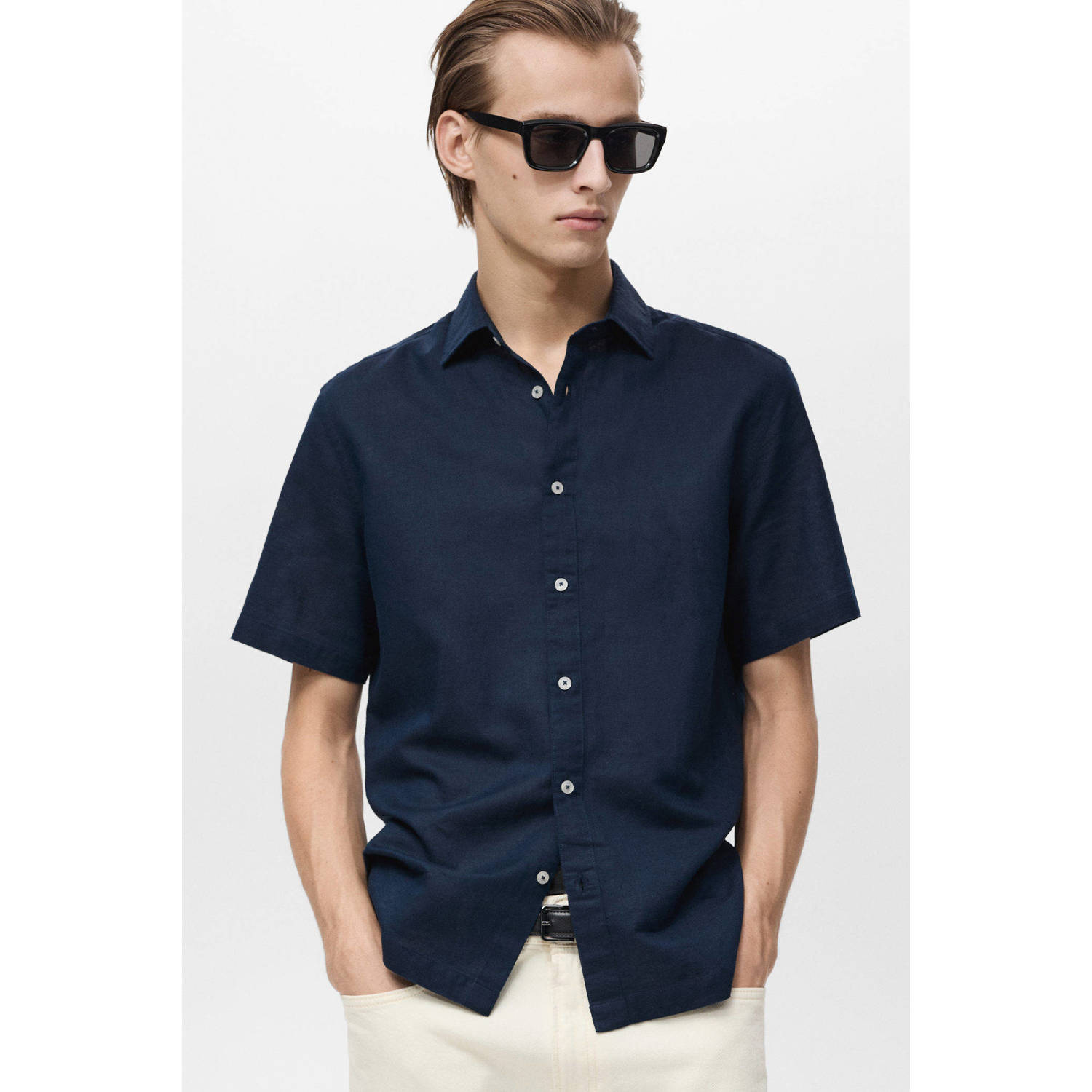 Mango Man linnen casual overhemd donkerblauw