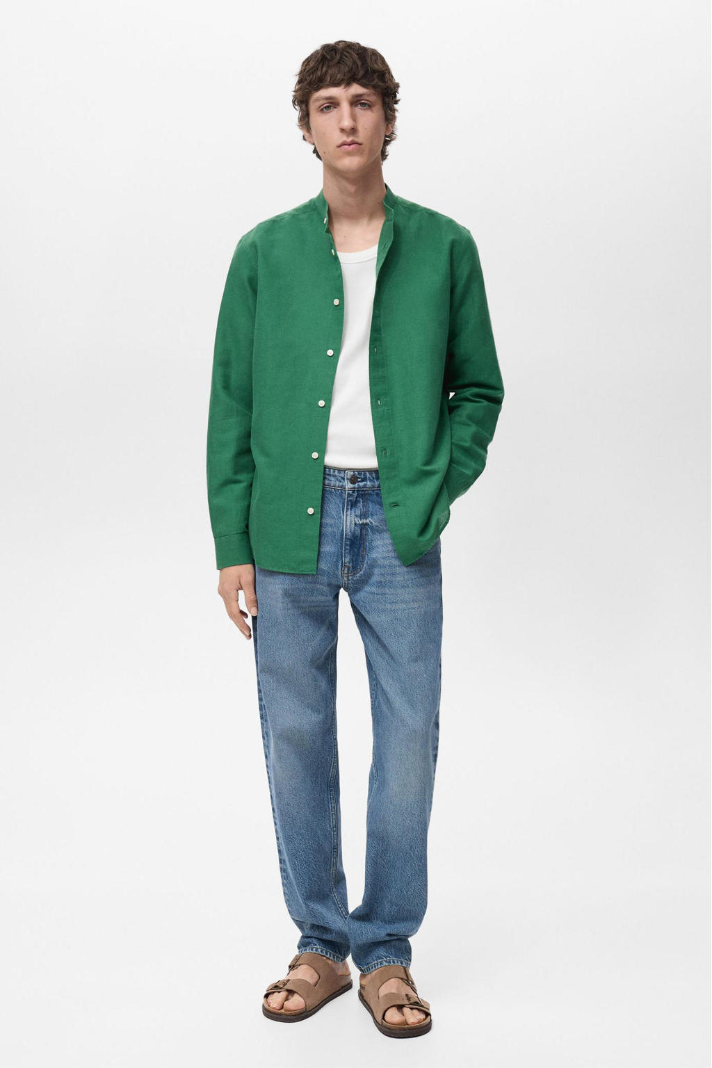 Groene heren Mango Man linnen casual overhemd met effen, lange mouwen en knoopsluiting