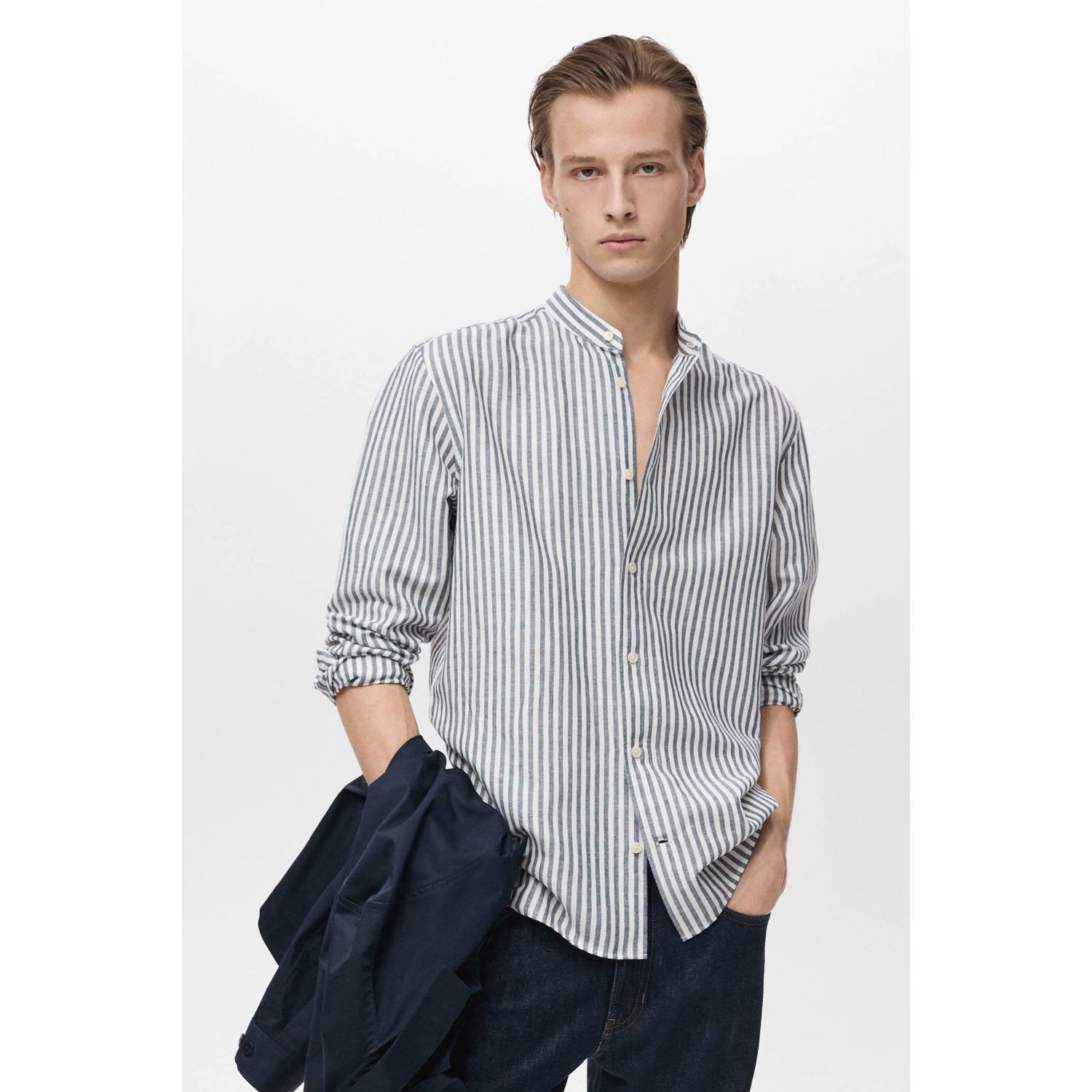 Mango Man linnen casual overhemd donkerblauw