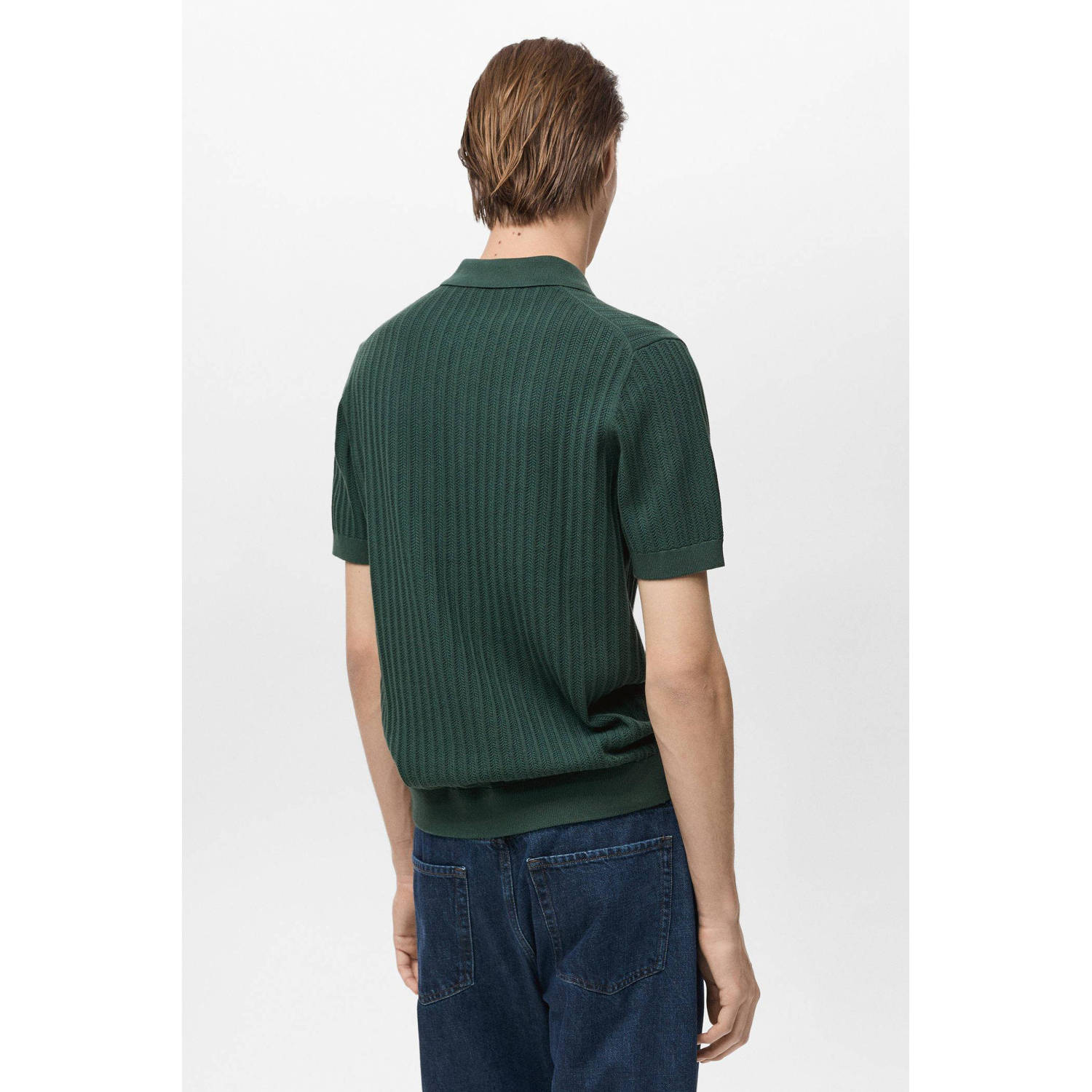 Mango Man regular polo fijn gebreid donkergroen