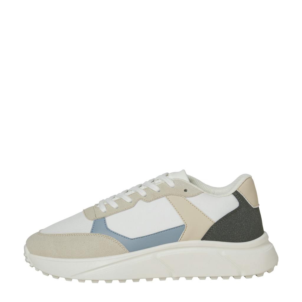 Wit, beige en blauwe heren JACK & JONES Jfwaspire Pu Runner Noos sneakers van 100% lining polyester, 100% sock cotton, 100% sole rubber, 100% upper polyurethane, met veters