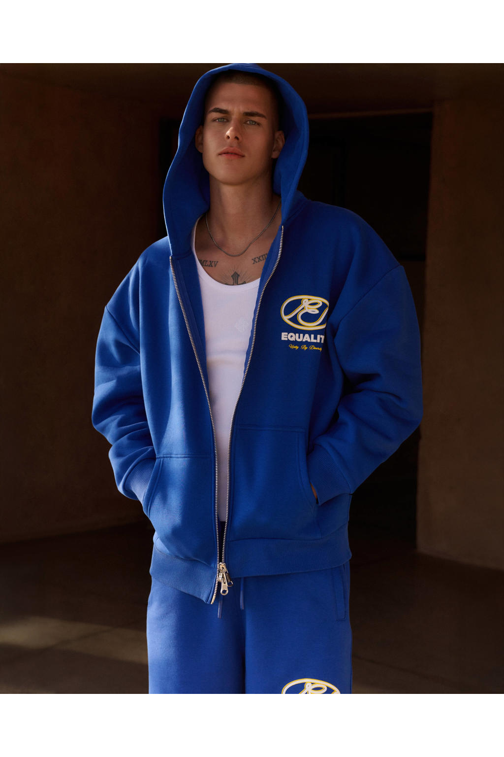 Blauwe heren Equalité sweatvest met backprint, lange mouwen, capuchon en ritssluiting
