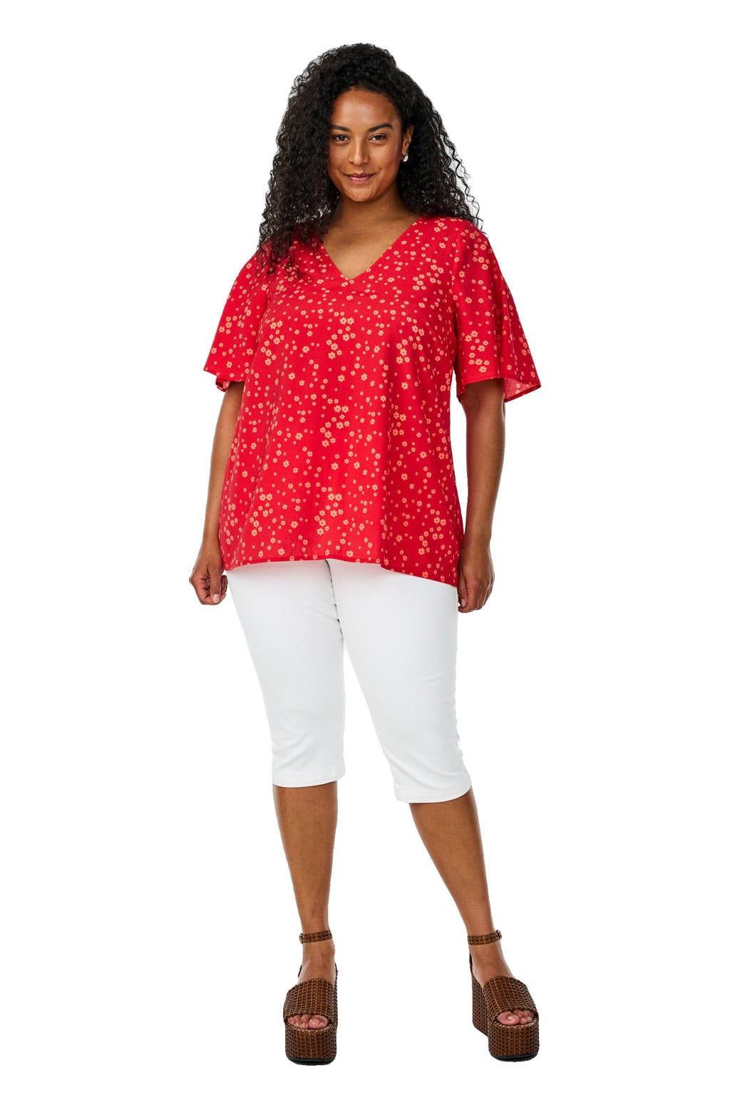 Rode dames Zizzi blousetop van katoen met bloemenprint, korte mouwen en V-hals