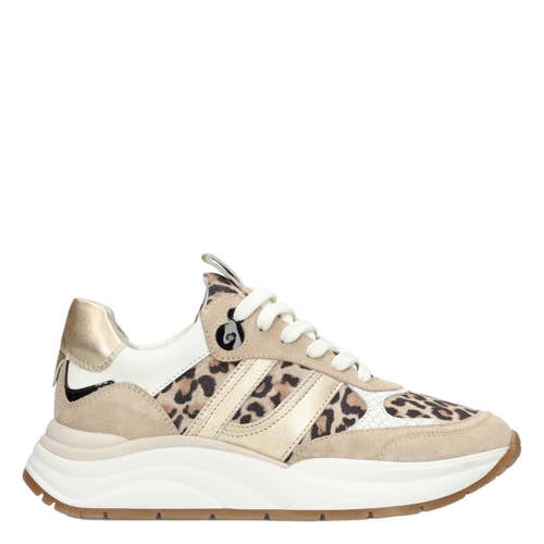 PS Poelman suède sneakers met panterprint beige afbeelding