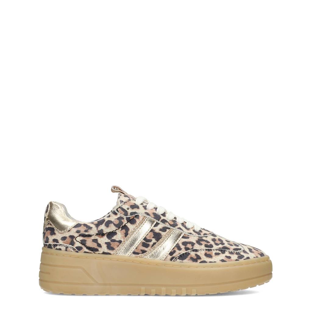 Beige dames PS Poelman Anemone leren sneakers met veters en panterprint