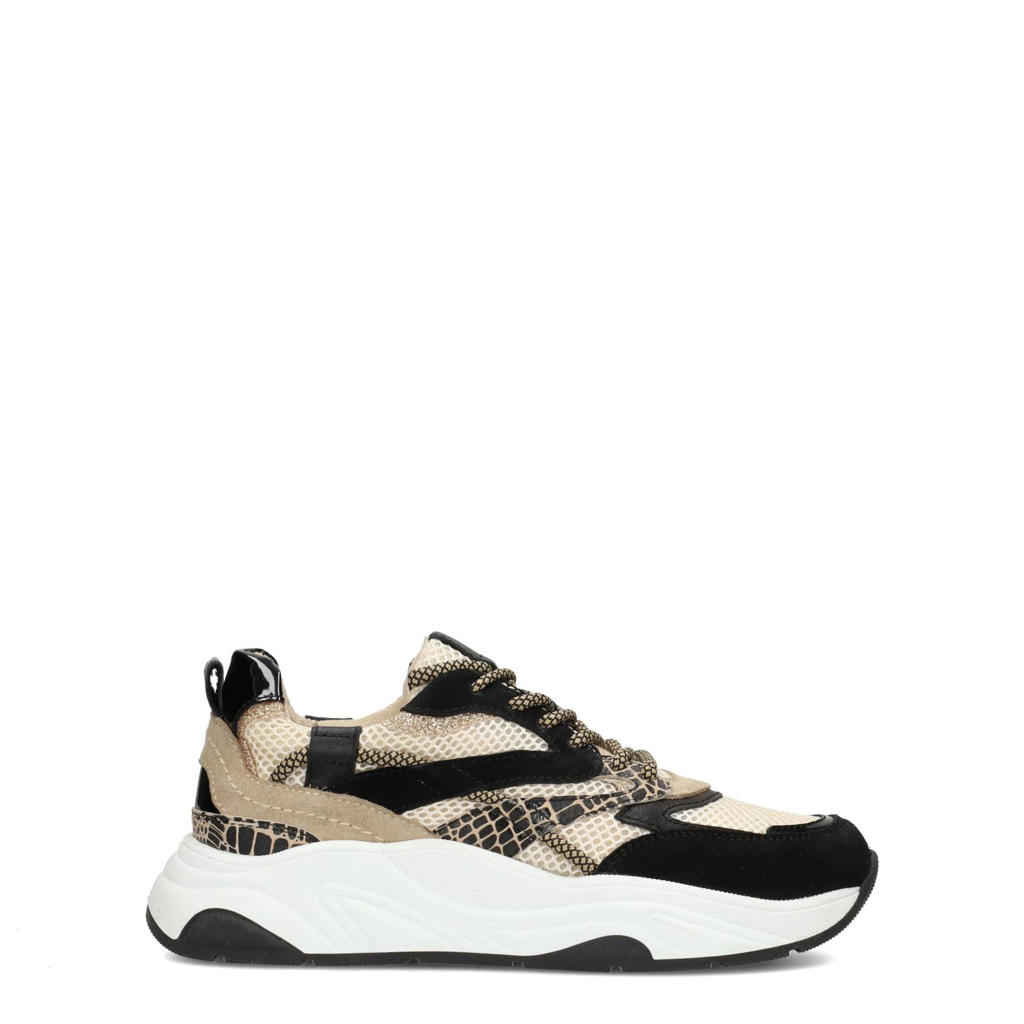 Beige en zwarte dames PS Poelman leren sneakers met veters