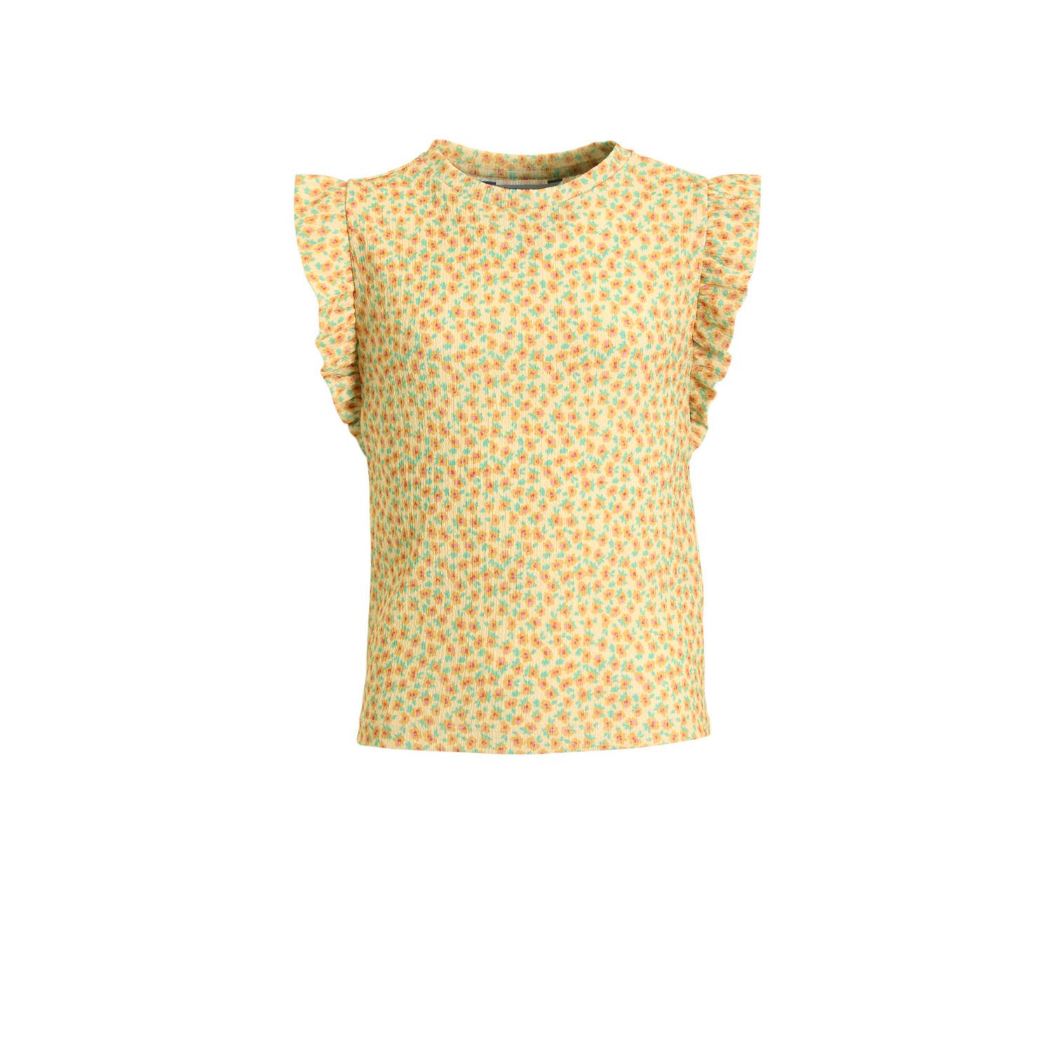 Anytime crinkle top met ruffles bloemenprint geel