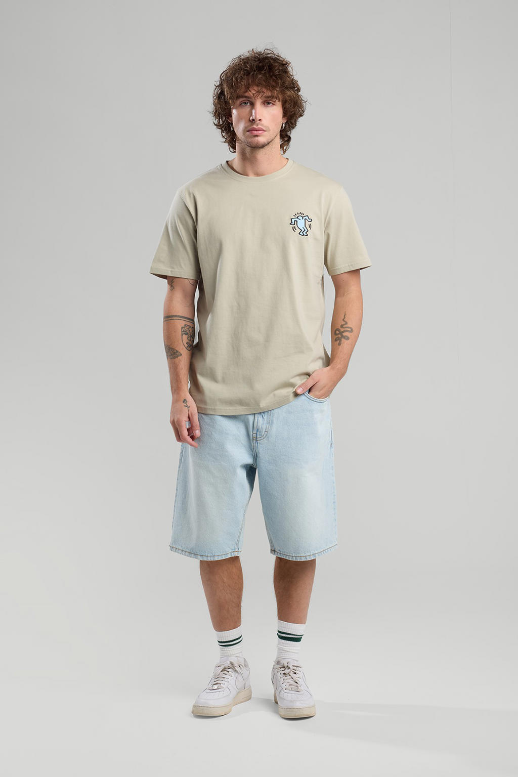 Beige heren America Today T-shirt van katoen met backprint, korte mouwen en ronde hals