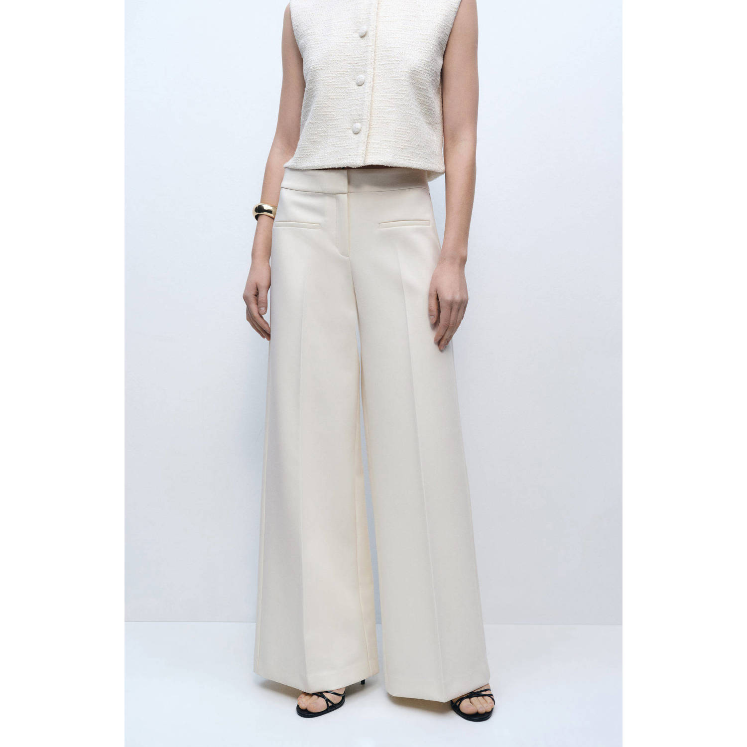 Mango wide leg high waist pantalon beige