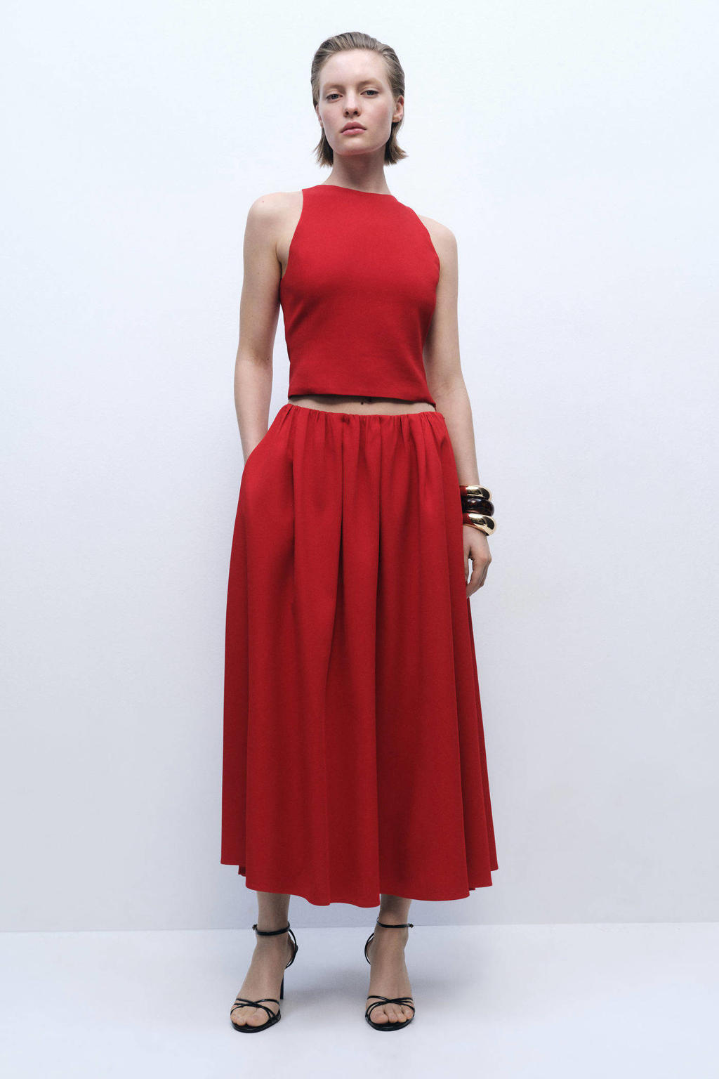 Rode dames Mango midi rok gemaakt van viscose en met elastische tailleband