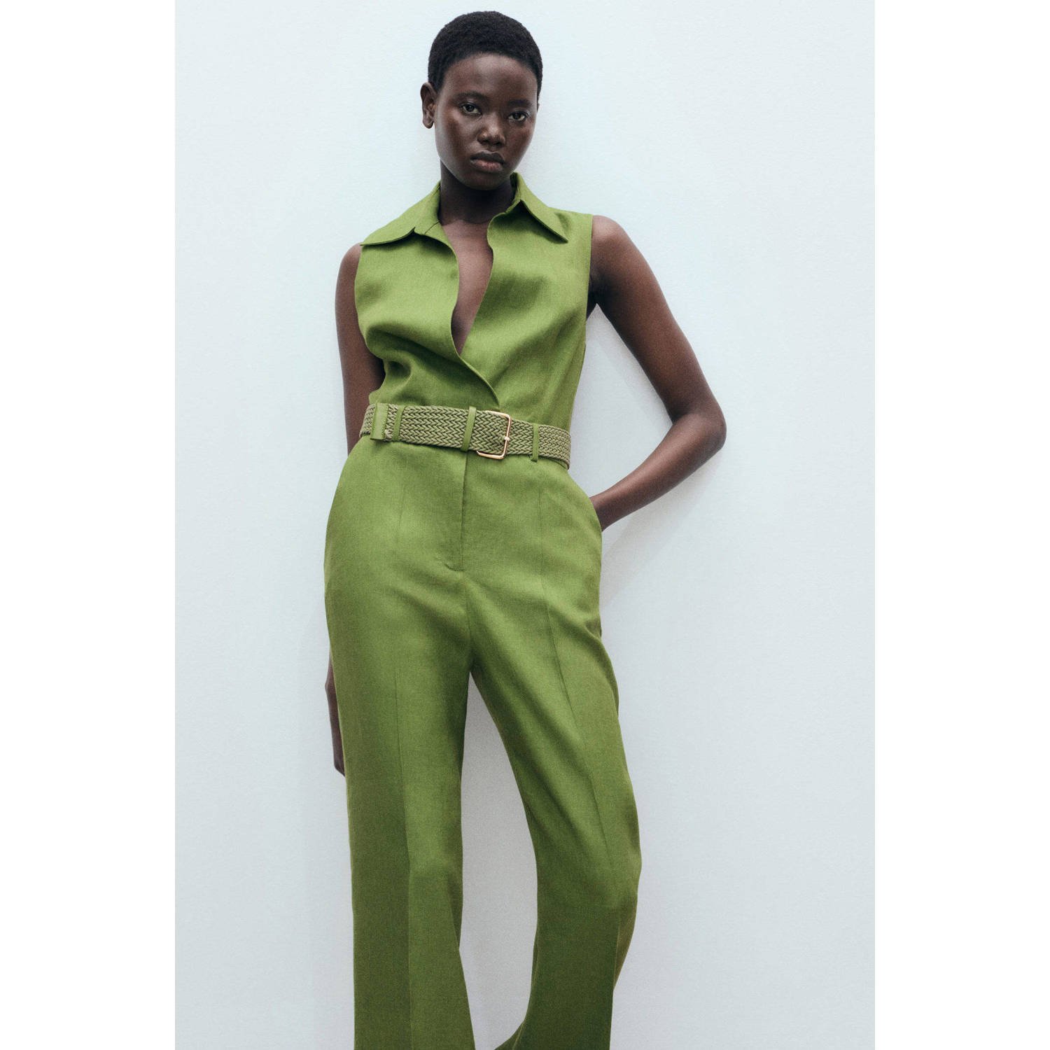 Mango linnen aansluitend jumpsuit groen