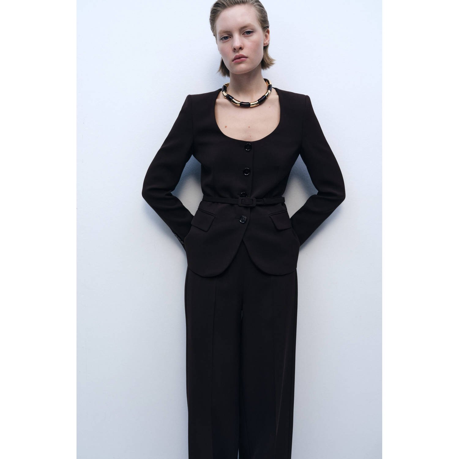 Mango wide leg regular waist broek donkerbruin