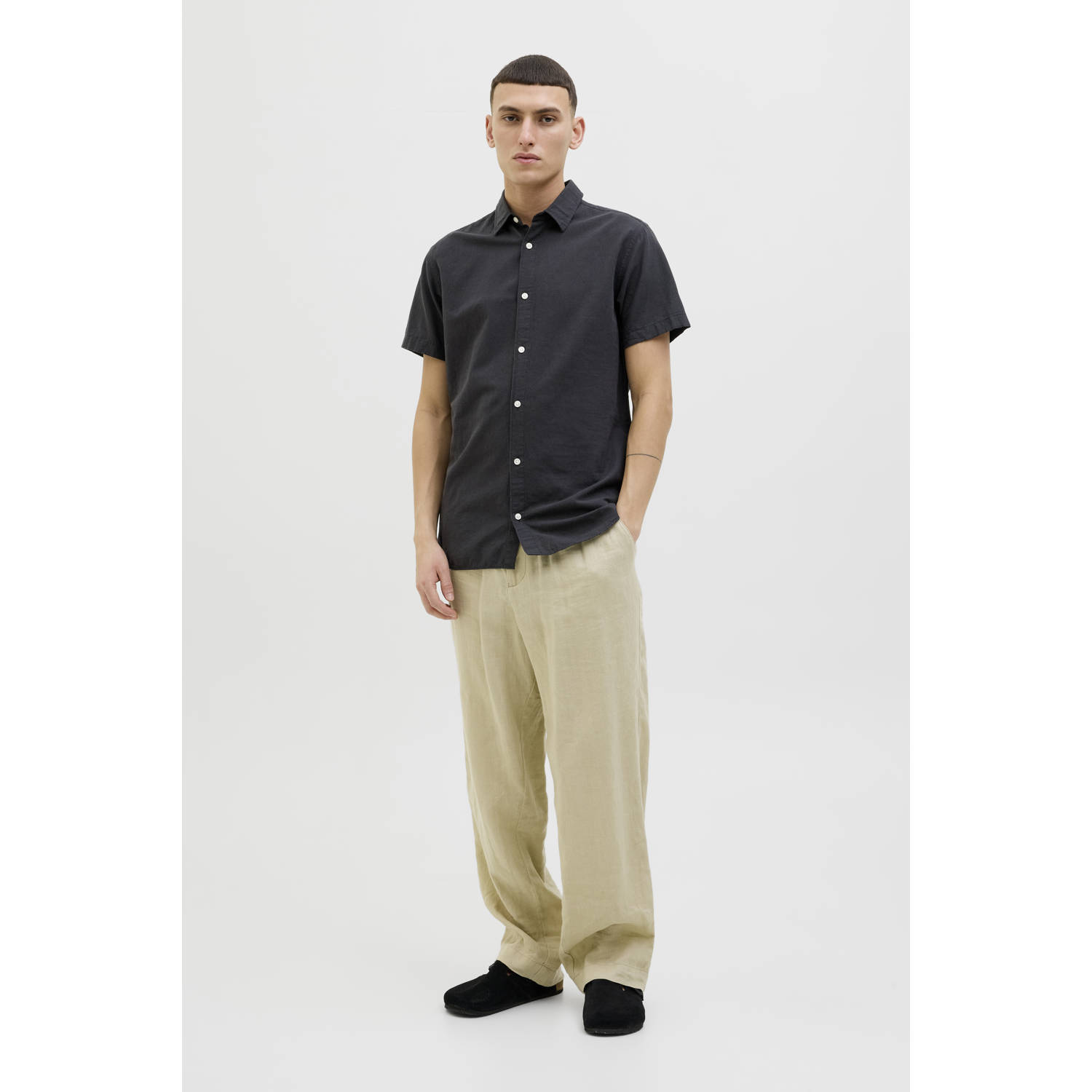 JACK & JONES ESSENTIALS linnen casual overhemd zwart