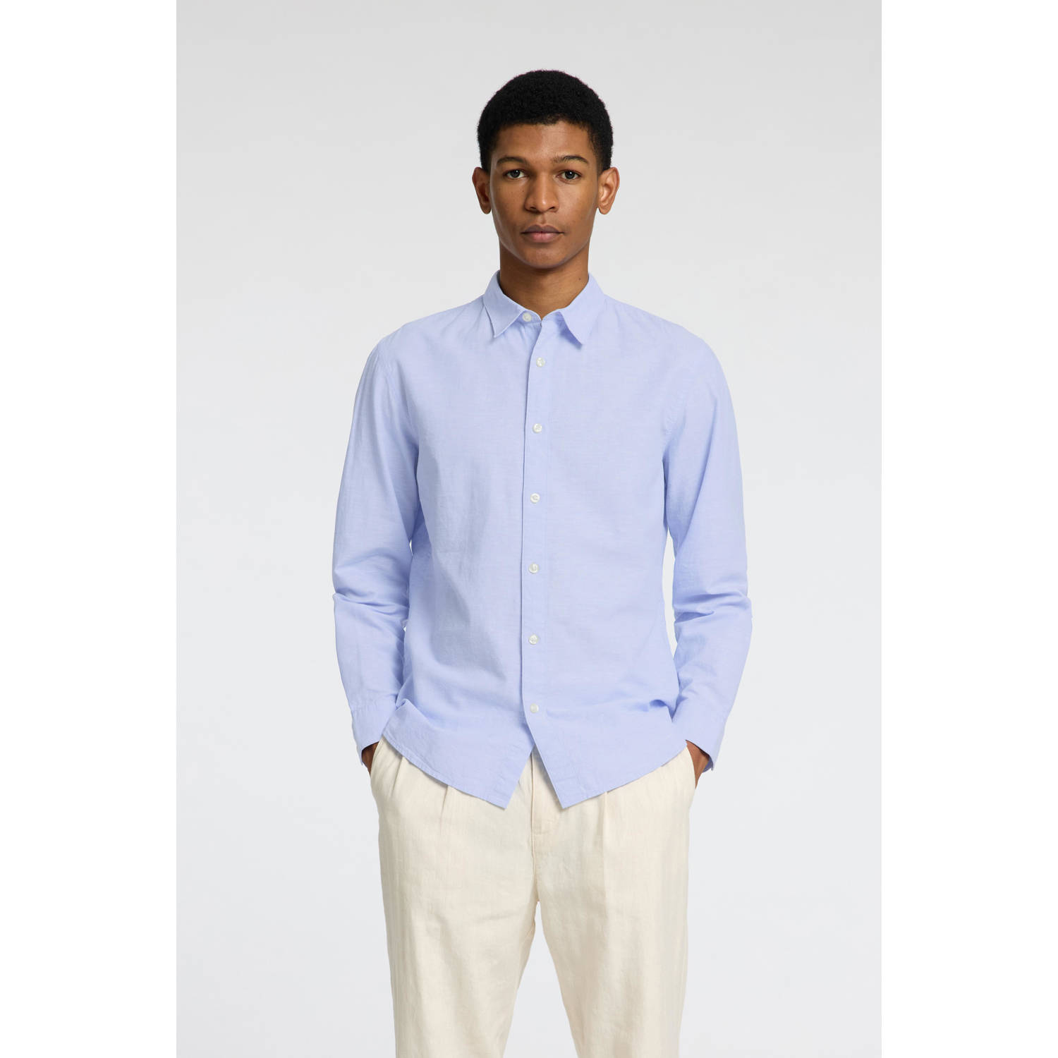 SELECTED HOMME linnen sli fit overhemd SLHSLIM-SUN lichtblauw