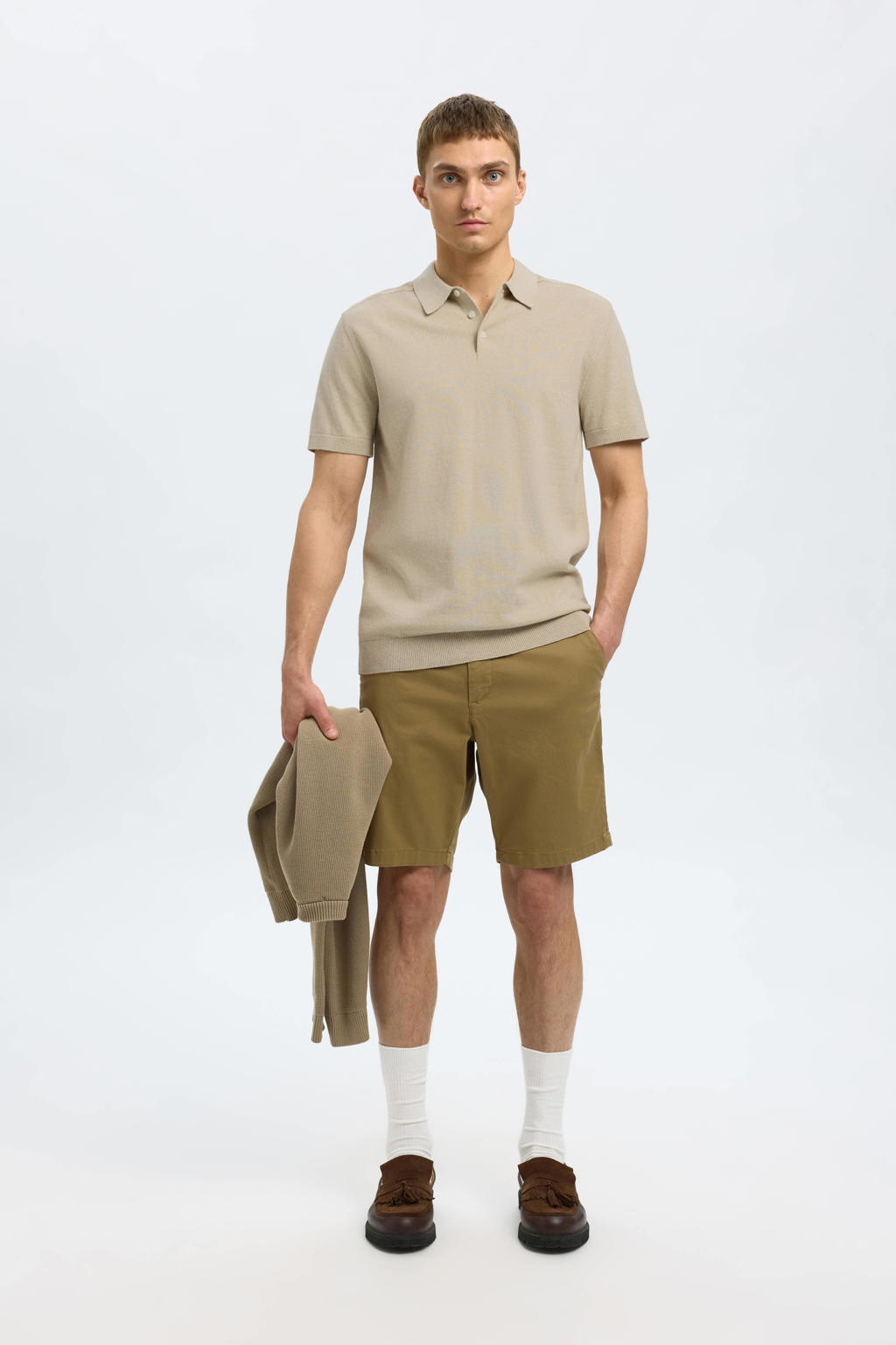 Selected regular polo fijn gebreid beige