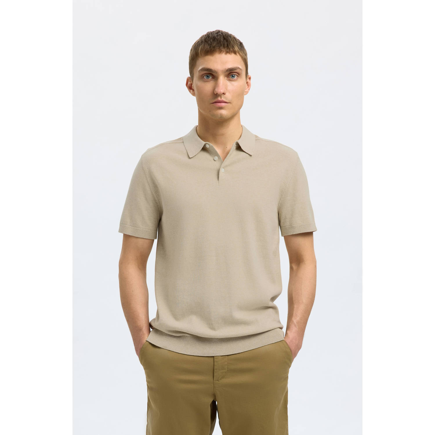SELECTED HOMME Heren Polo's & T-shirts Slhberg Ss Knit Polo Noos Beige