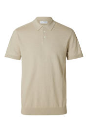 thumbnail: Beige heren SELECTED HOMME regular fit polo van katoen met effen, korte mouwen, klassieke kraag en knoopsluiting