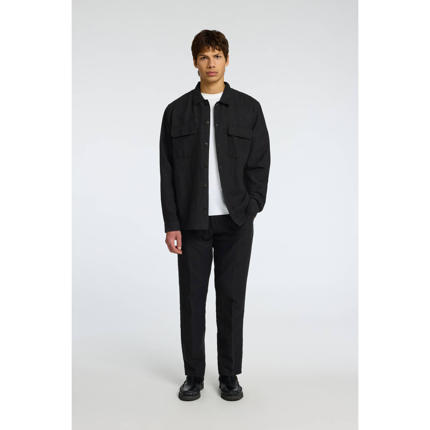 SELECTED HOMME linnen relaxed overshirt SLH-LEROY zwart