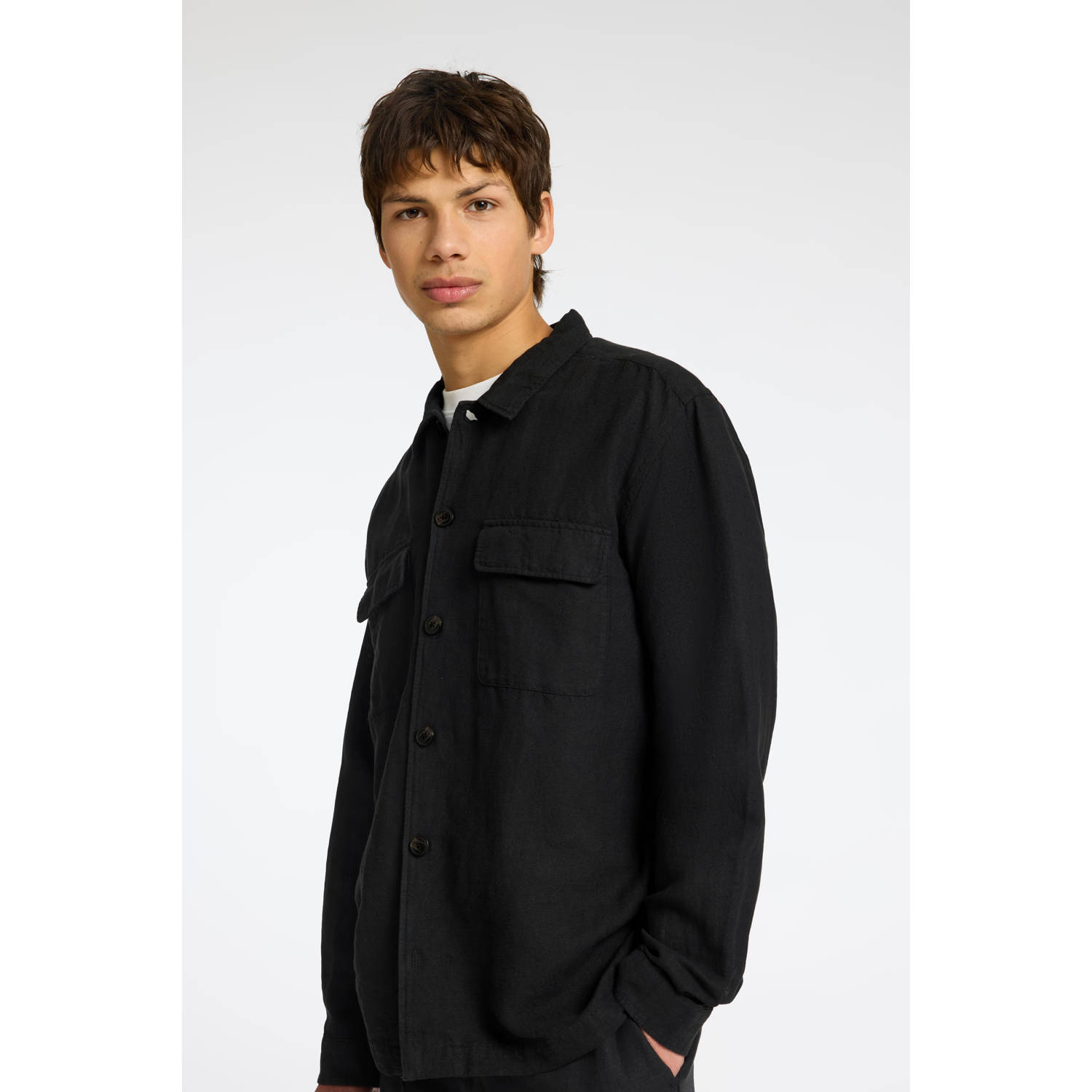 SELECTED HOMME linnen relaxed overshirt SLH-LEROY zwart