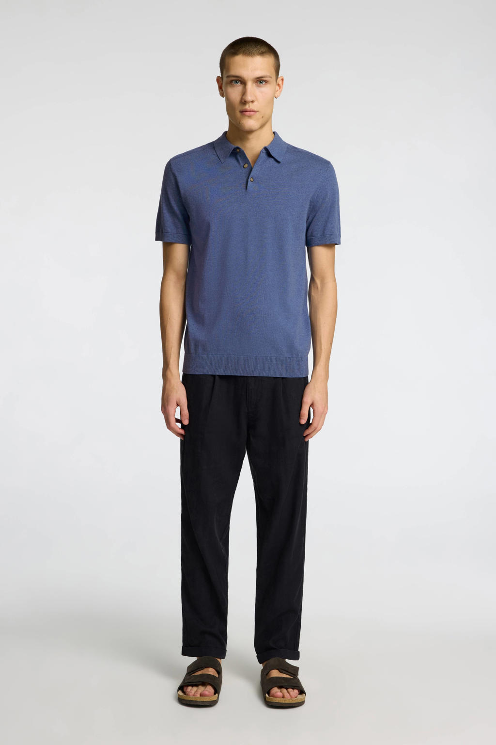 Blauwe heren SELECTED HOMME regular fit polo van katoen met korte mouwen, klassieke kraag, knoopsluiting en gebreide details