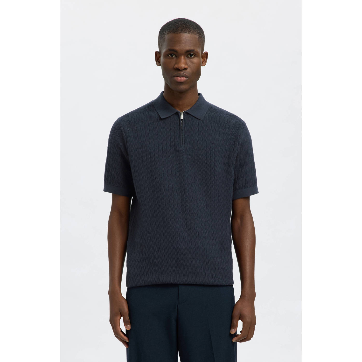 SELECTED HOMME regular polo gebreid donkerblauw