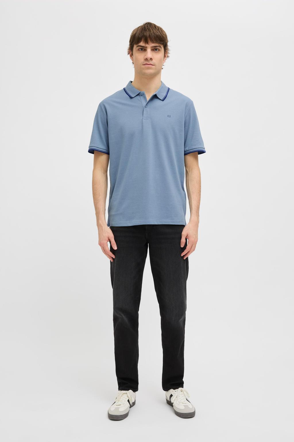 Blauwe heren JJ REBEL regular polo van katoen met effen, korte mouwen, klassieke kraag en knoopsluiting
