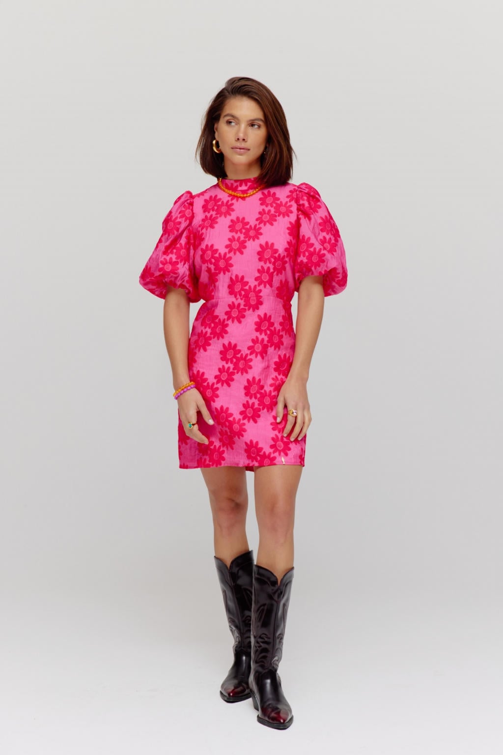 Roze dames HARPER & YVE korte jurk broderie van polyester met bloemenprint, korte mouwen en ronde hals