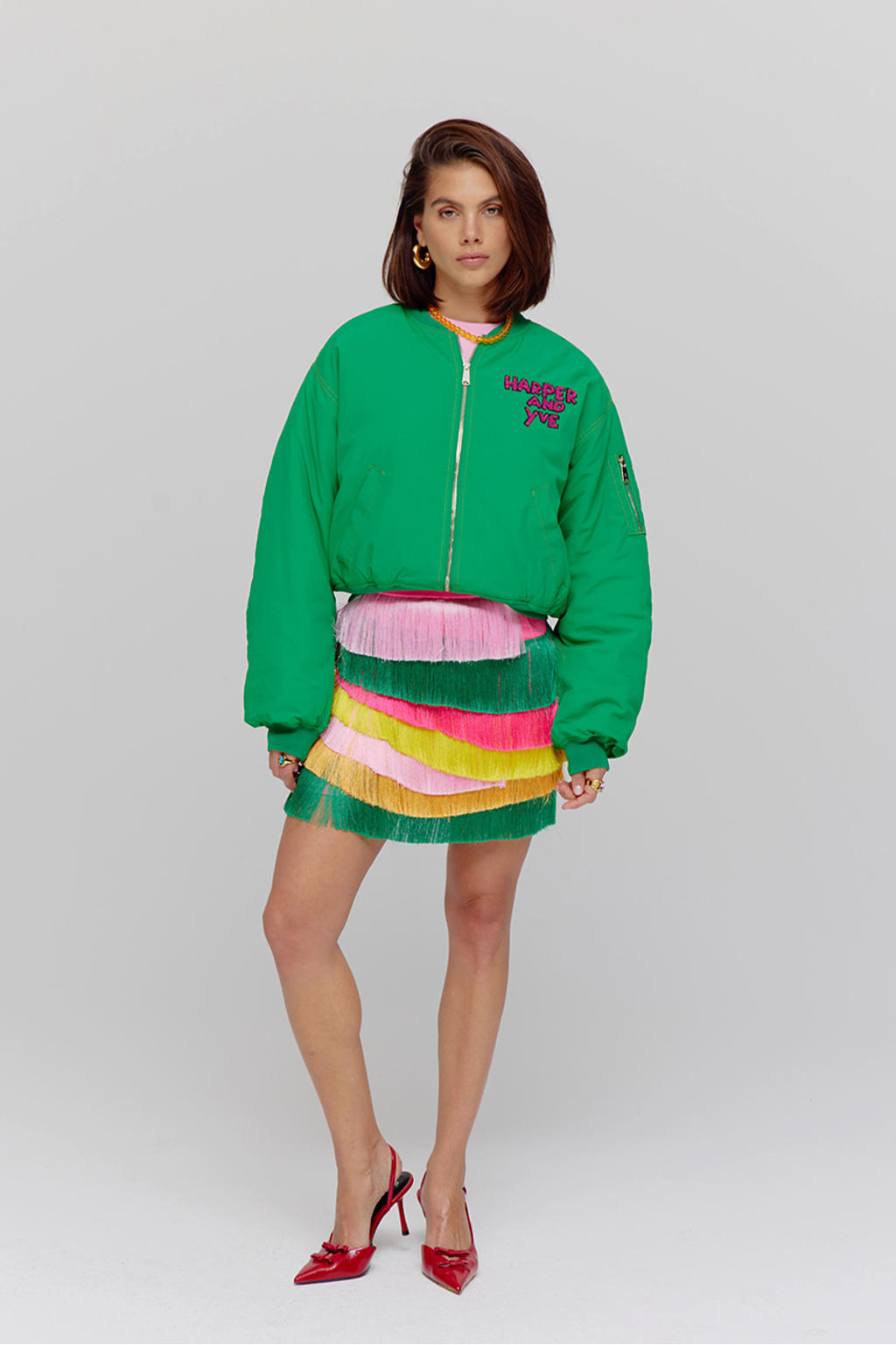 Groene dames Harper & Yve X Tessa bomberjack van nylon met backprint, lange mouwen en ronde hals