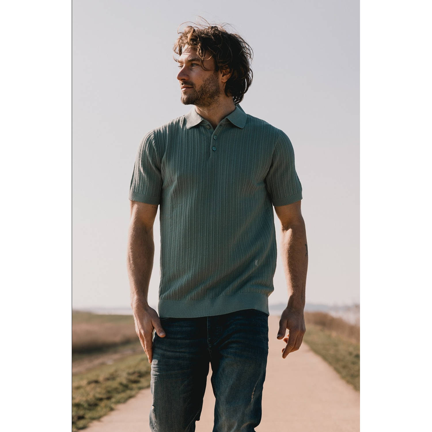 Kultivate slim polo gebreid groen