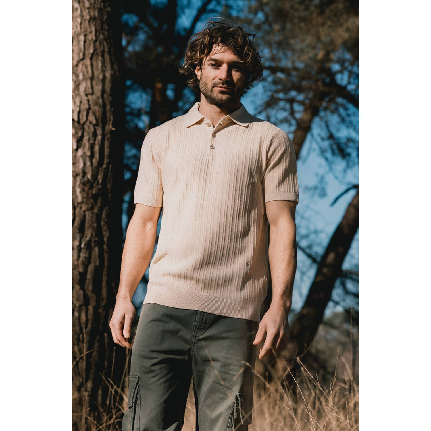 Kultivate slim polo gebreid ecru