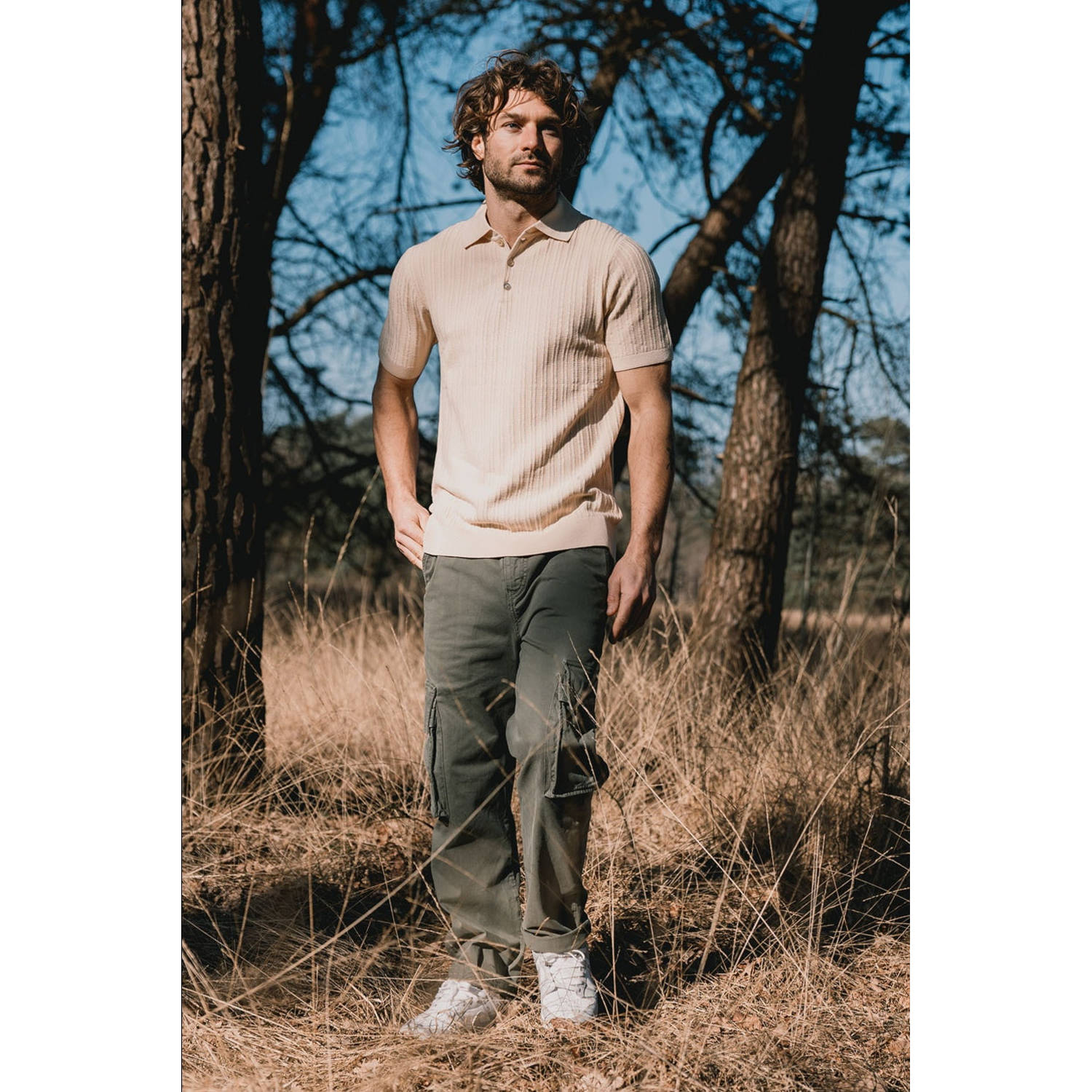 Kultivate slim polo gebreid ecru