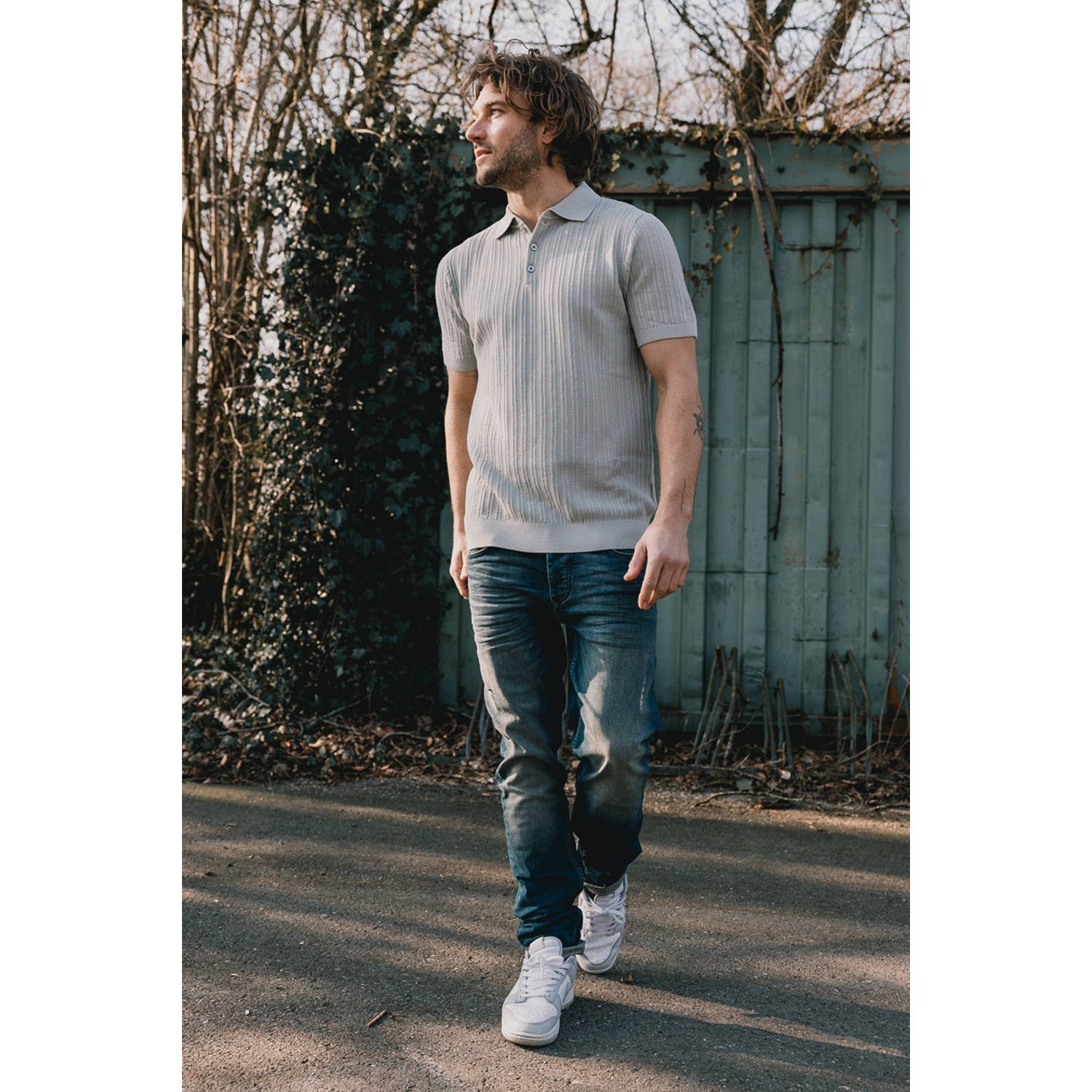 Kultivate slim polo gebreid grijs