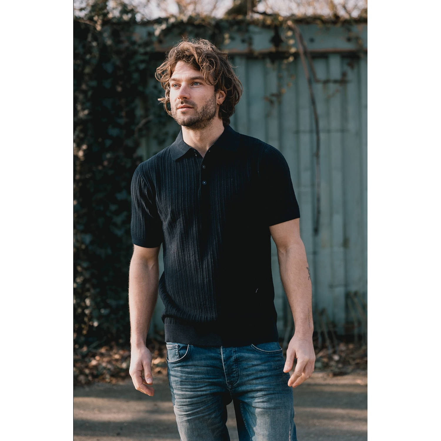 Kultivate slim polo gebreid donkerblauw