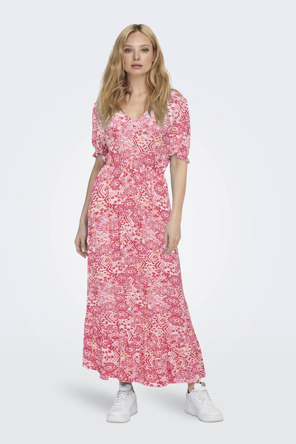 Roze dames ONLY maxi jurk van viscose met effen, korte mouwen, V-hals en geweven detail