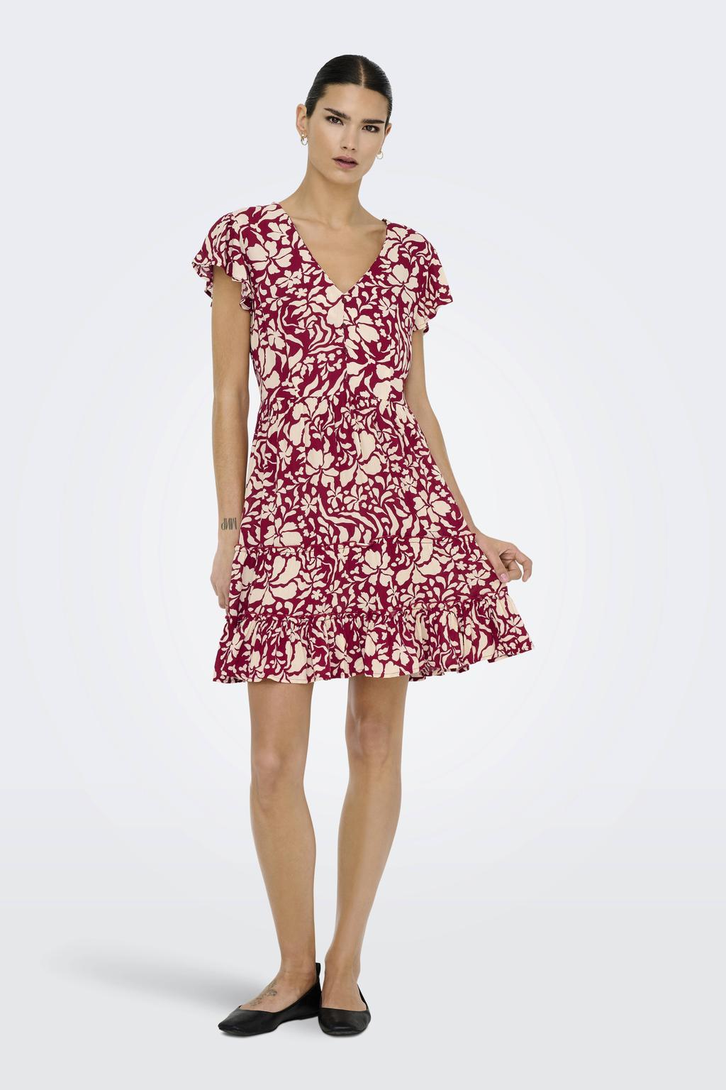 Rode dames ONLY zomerjurk van viscose met effen, korte mouwen, V-hals en geweven detail
