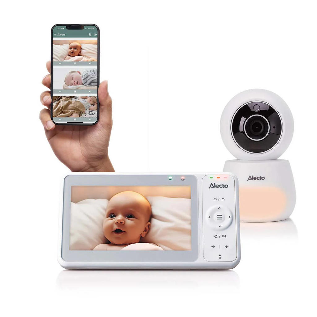 Alecto DVM2060 Babyfoon met HD-camera, groot 5 inch kleurenscherm, nachtlampje en app - Op afstand bestuurbaar - Wit