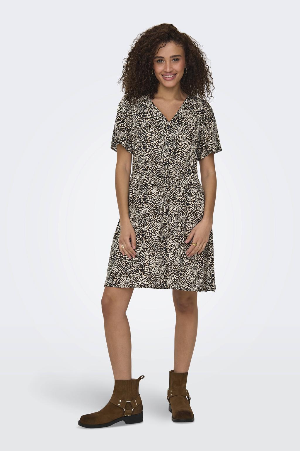Bruin en zwarte dames ONLY korte jurk van viscose met korte mouwen en V-hals