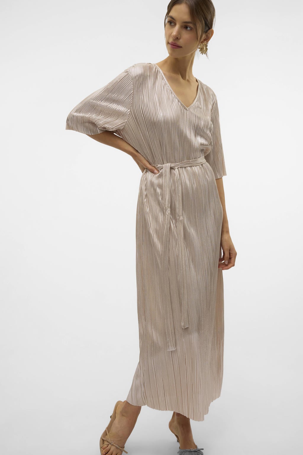 Zilverkleurige dames VERO MODA cocktailjurk van polyester met effen, half lange mouwen en V-hals