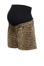 thumbnail: Bruin en zwarte dames ONLY MATERNITY regular high waist zwangerschaps casual short van katoen met knoopsluiting en panterprint