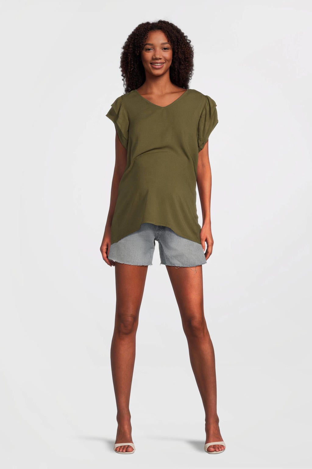 Groene dames ONLY MATERNITY zwangerschaps T-shirt van modal met effen, korte mouwen, ronde hals en ruches